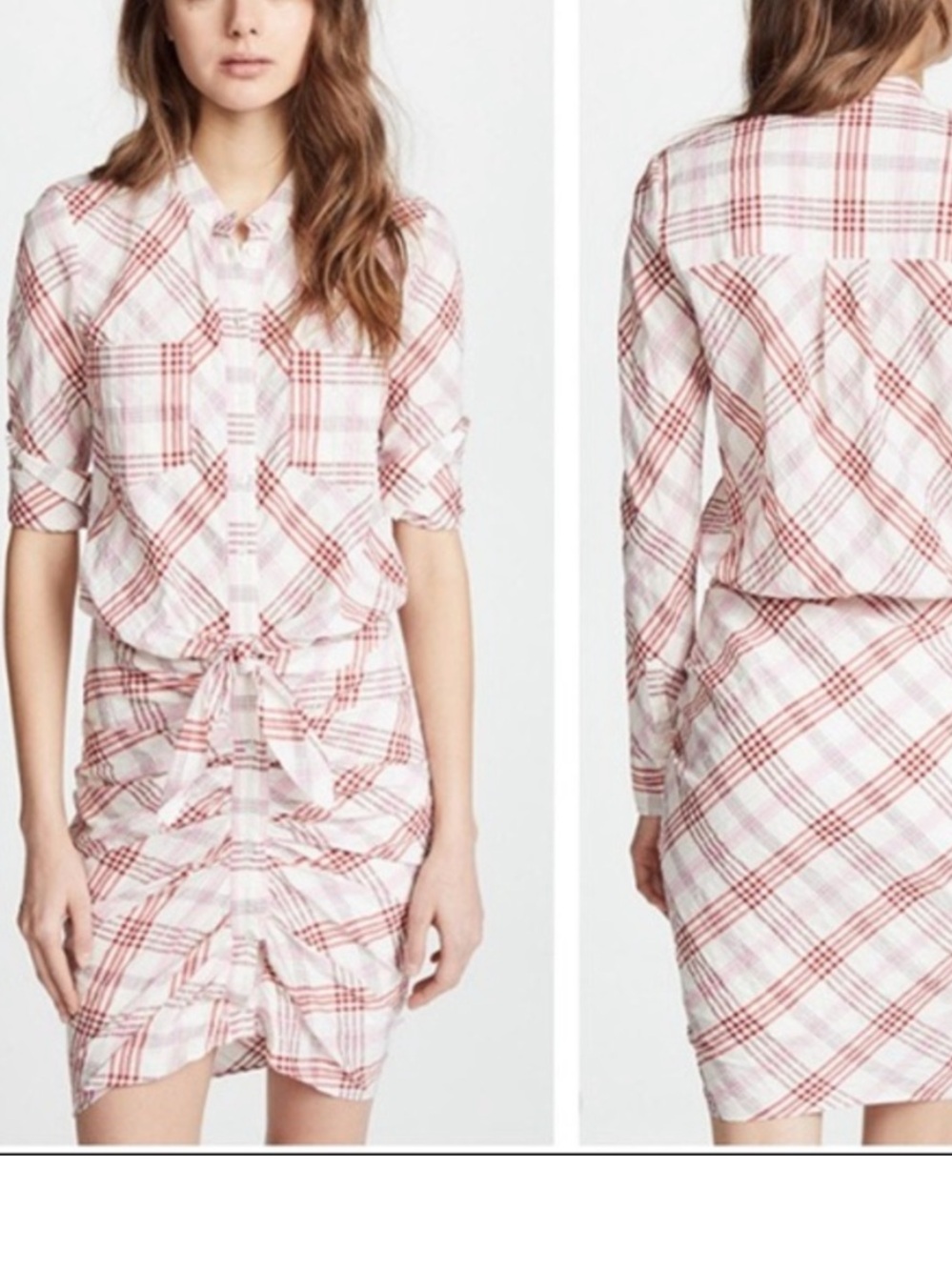 Veronica Beard Dress Womens 0 Red Plaid Ruched Button Front Shirt Long Sleeve